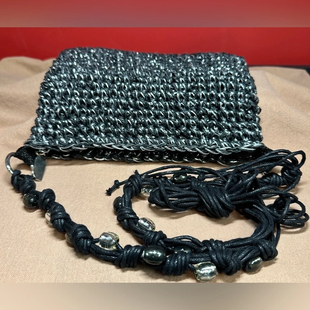 Sun’N’Sand Black Crochet/Woven Crossbody Bag with Metallic Silver Thread & Beads